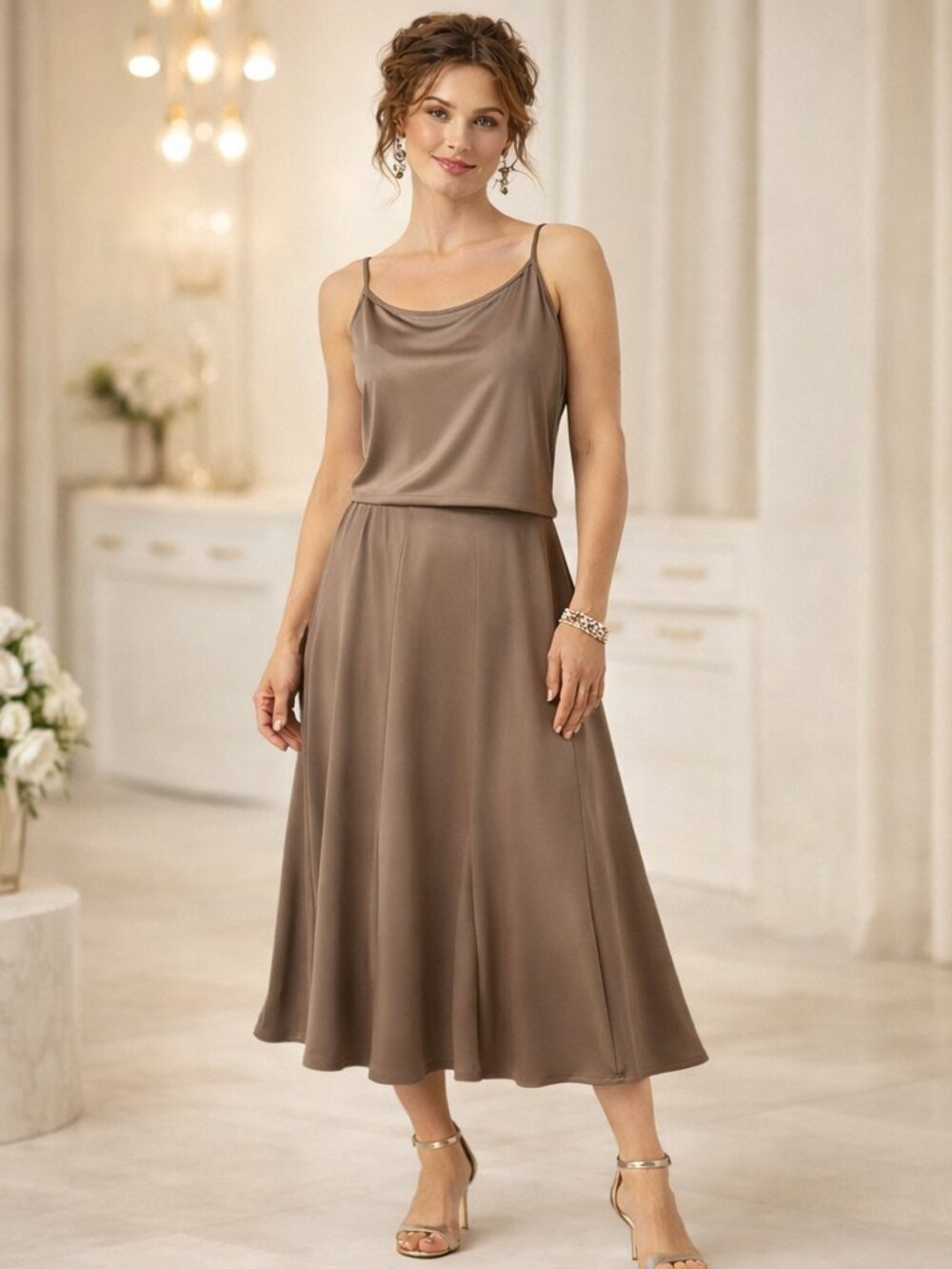 Joseph Ribkoff Taupe Draped Camisole & Flowing Midi Skirt Set Size 12 NWOT